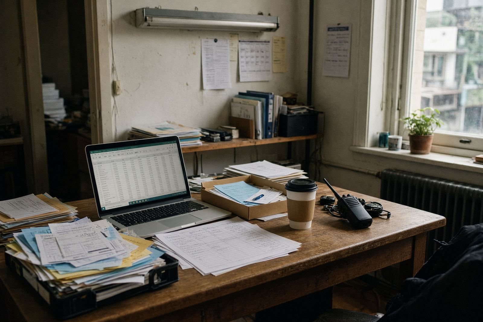 Back-of-house office with invoices and a laptop after service.