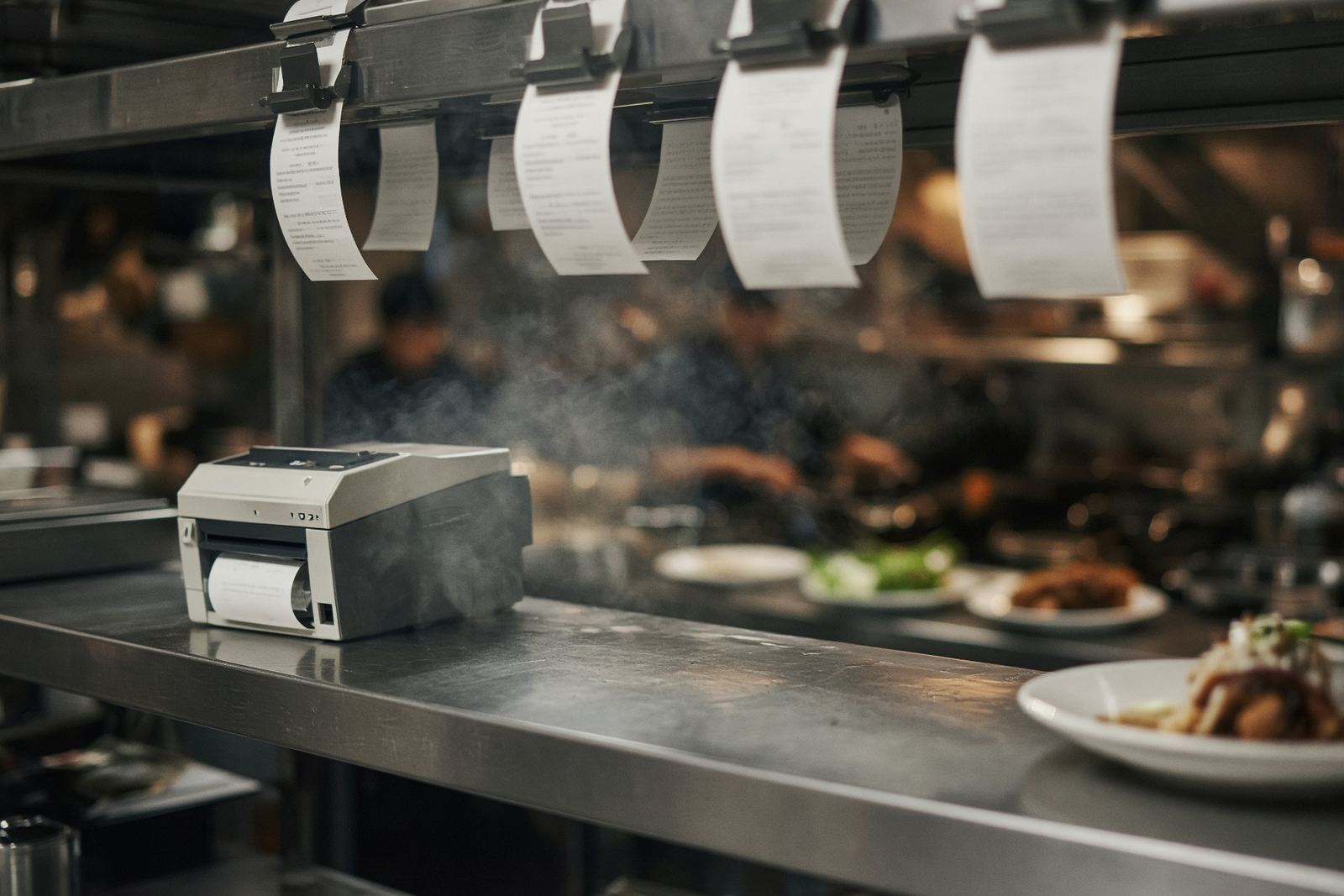 Kitchen pass with docket printer during service.